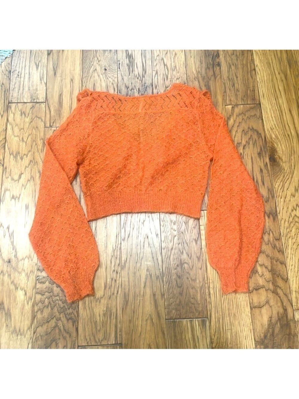 Free People Macaroon Ruffled Neck Mohair Wool Sweater Burnt Orange Ruffle size L - Picture 9 of 9